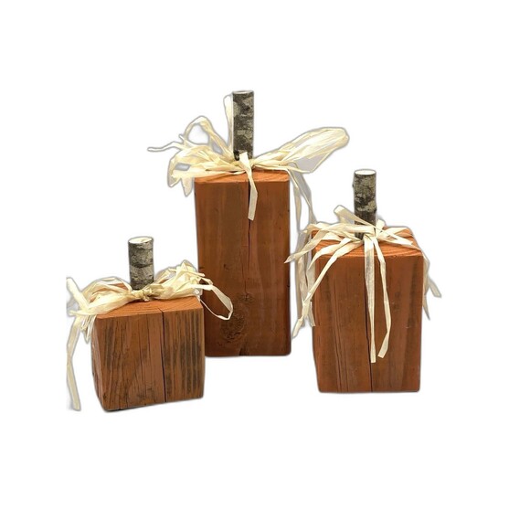 Set Of 3 Handcrafted Rustic Wooden Primitive Pumpkins Fall Decor Orange - Picture 1 of 13